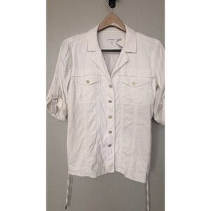 Calvin Klein Women's Linen Blend Ivory Roll Tab Sleeve Button Shirt Jacket small